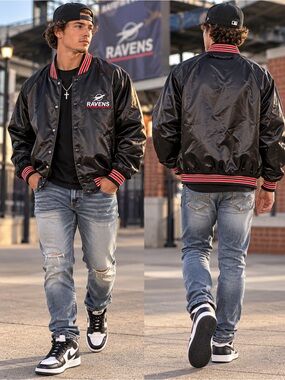 Vintage Hartwell Sports Ravens Satin Bomber Jacket - Black with Red Trim